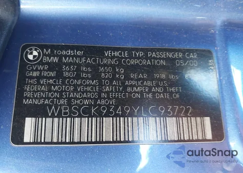 2000 BMW M из США, поврежденный, VIN WBSCK9349YLC93722